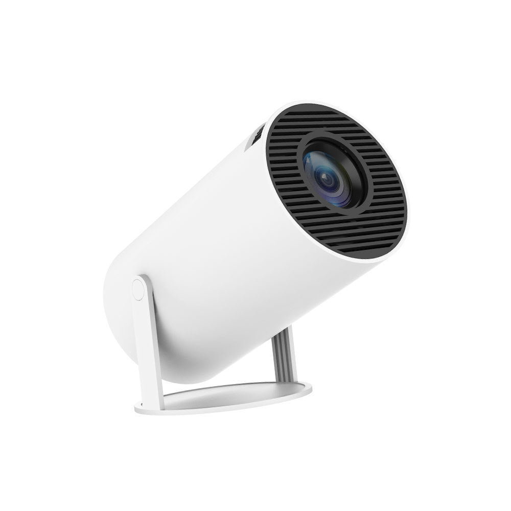 Portable home video projector with 180-degree projection and automatic focus.