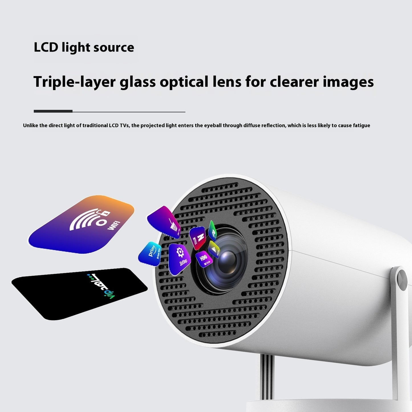 Portable home video projector with 180-degree projection and automatic focus.