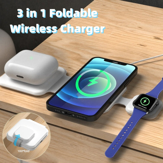 3-in-1 Magnetic Wireless Charger – Foldable Charging Station for Phones, Earbuds & Devices
