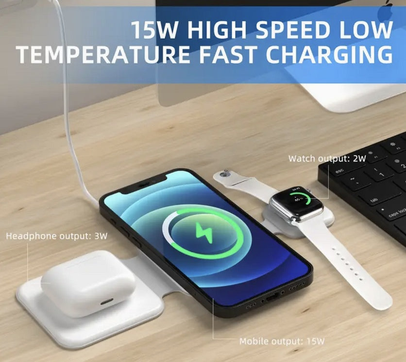3-in-1 Magnetic Wireless Charger – Foldable Charging Station for Phones, Earbuds & Devices