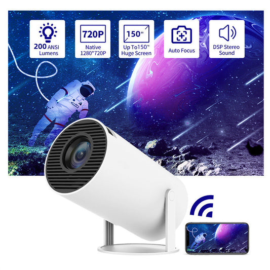 Portable home video projector with 180-degree projection and automatic focus.