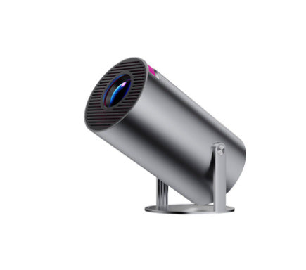 Portable home video projector with 180-degree projection and automatic focus.