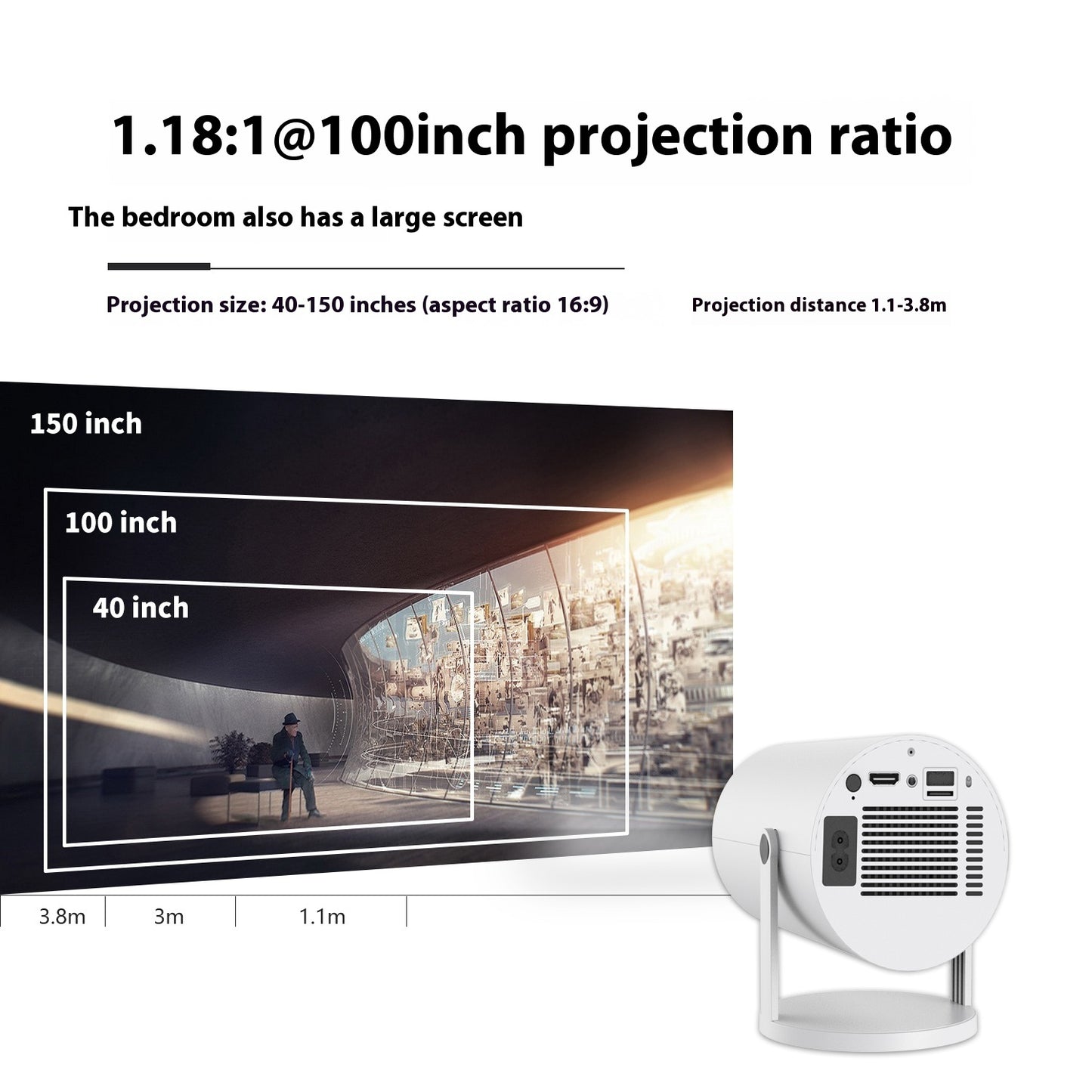 Portable home video projector with 180-degree projection and automatic focus.